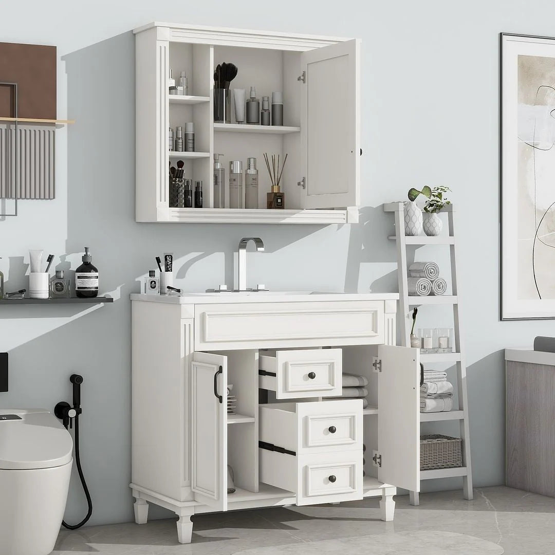 Mobile Bagno Moderno da 90cm con Lavabo Integrato e Specchiera, 2 Ante e 2 Cassetti