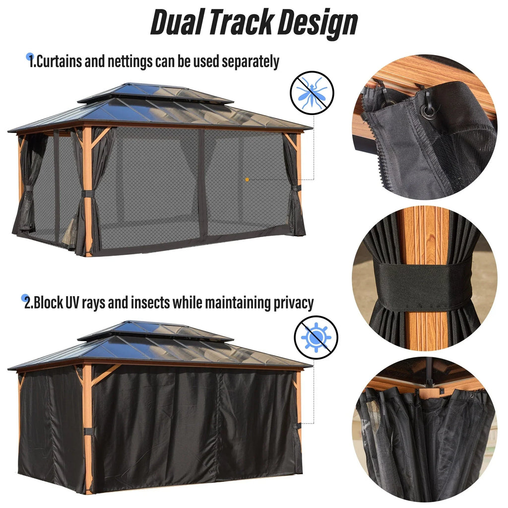 EROMMY Gazebo a tetto rigido, Pergola da esterno con doppio tetto, zanzariere e tende, Tenda da sole resistente per patio, cortile, feste in piscina