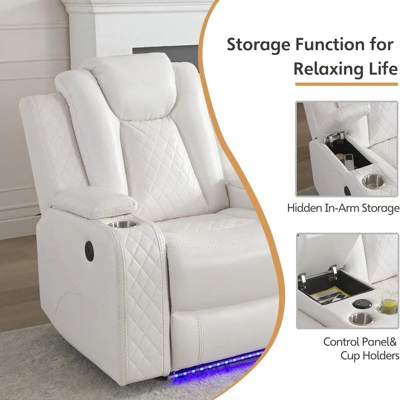 Divano Reclinabile Elettrico con Caricatore Wireless, Luce da Lettura per Soggiorno, Luce LED in Similpelle, Porta AC/USB, Portabicchieri, Nero