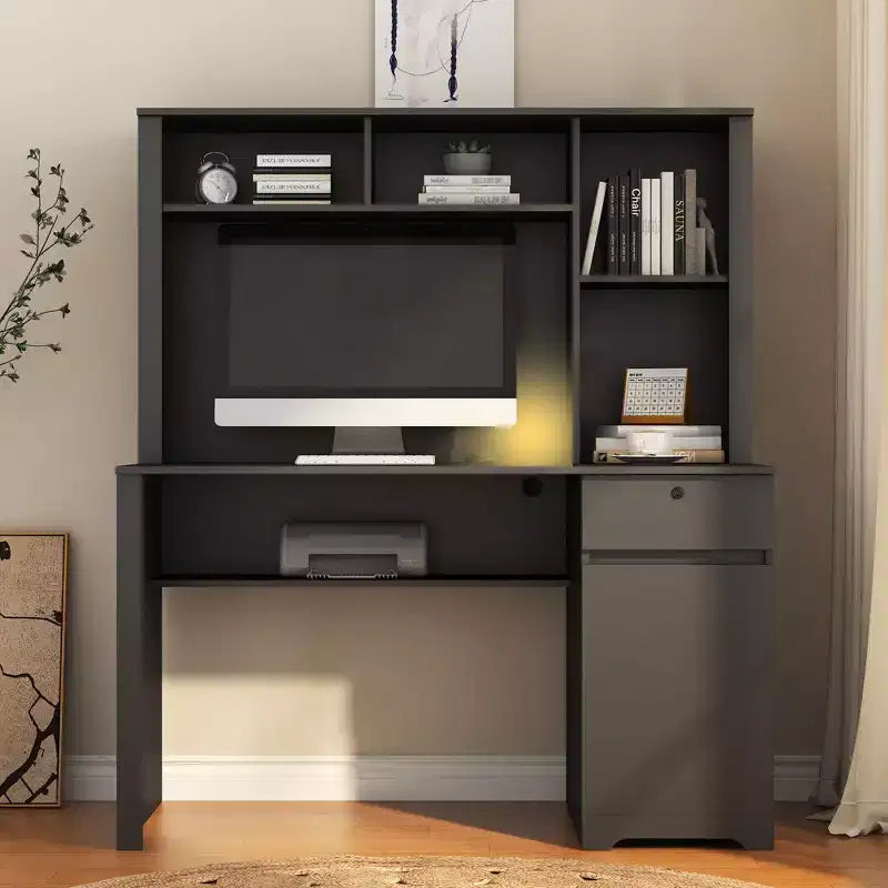 Scrivania moderna da 130 cm con libreria e scaffali, scrivania da ufficio con ampio spazio di archiviazione, scrivania per studio, sala lettura