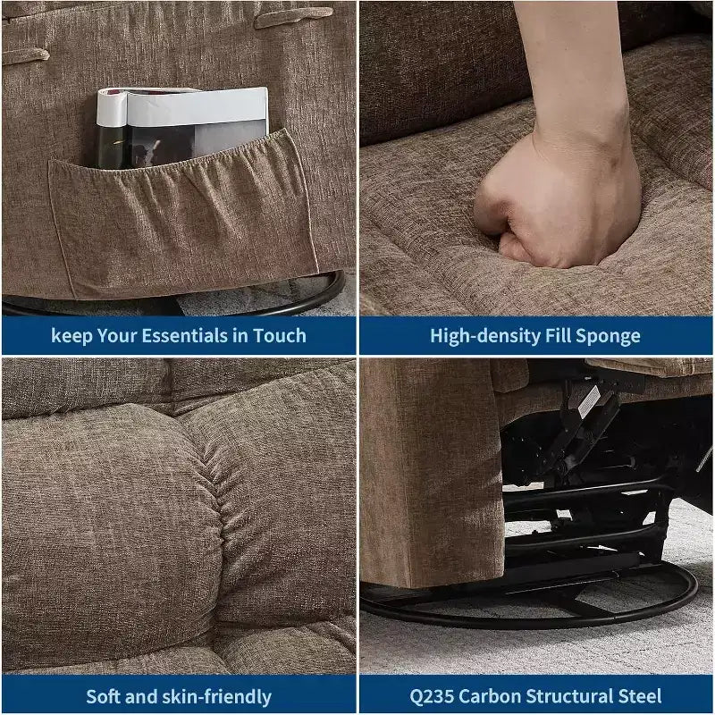 Poltrona Reclinabile Massaggiante con Calore - Girevole a 360°, Dondolo, Divano Singolo Oversize con Vibrazione, USB e Tasche Contenitore per Soggiorno/Camera da Letto