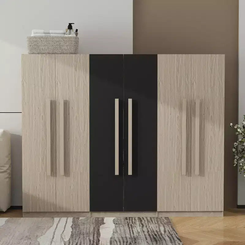 Armadio a 6 ante con 2 cassetti, binari appendiabiti e ripiani, nero+naturale - ModernLuxe