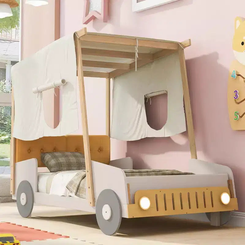 Letto a forma di Auto Whisen in Legno con Cuscino, Baldacchino in Tessuto e LED - Naturale
