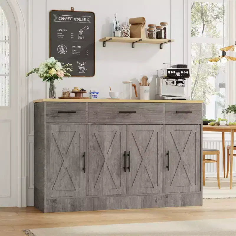 Mobile Buffet Celebalcony con Contenitore, Grande Mobile Contenitore da Cucina da 53,4 pollici con 3 Cassetti e 4 Ante, Ripiano Regolabile per Cucina, Soggiorno