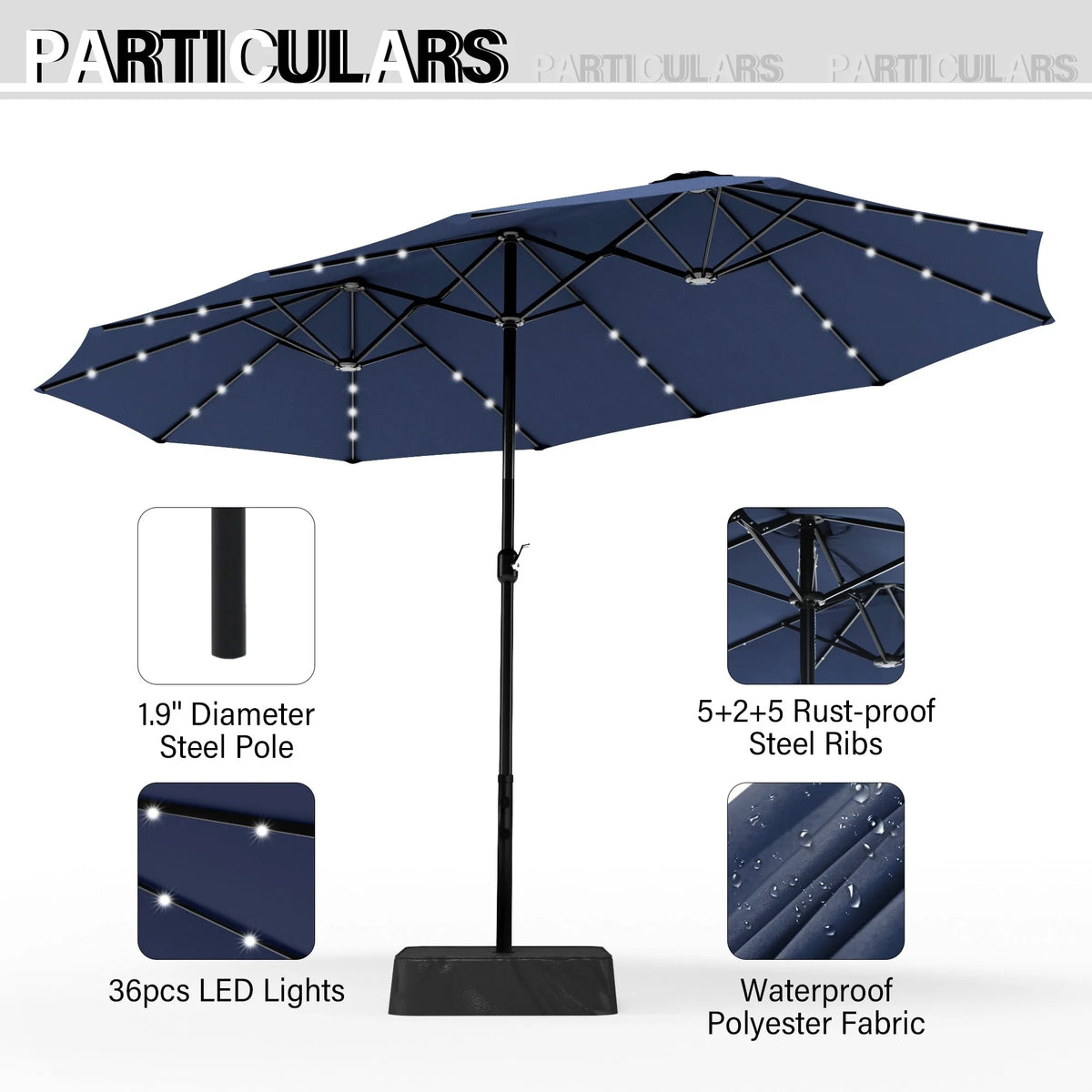 Ombrellone da esterno rettangolare con manovella, a doppia faccia, da 4,5 metri, con luci a LED solari e base inclusa