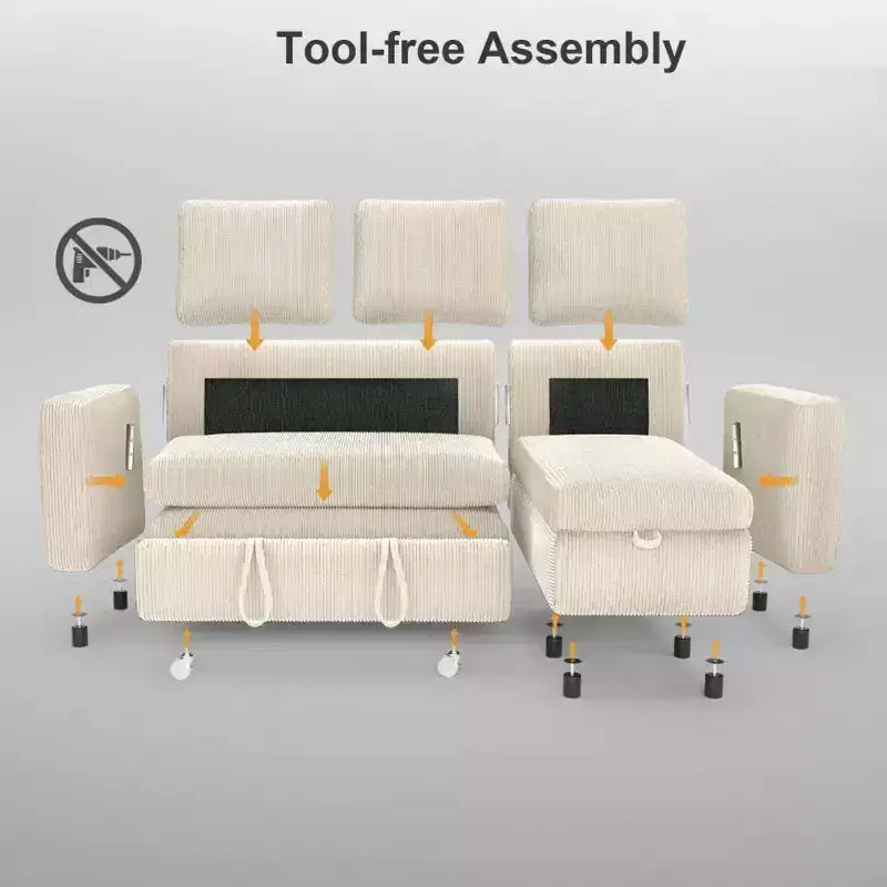 Divano Letto Estraibile 2 in 1 Dyonery con Chaise Longue Contenitore e USB, Divano Angolare in Velluto a Coste per Soggiorno
