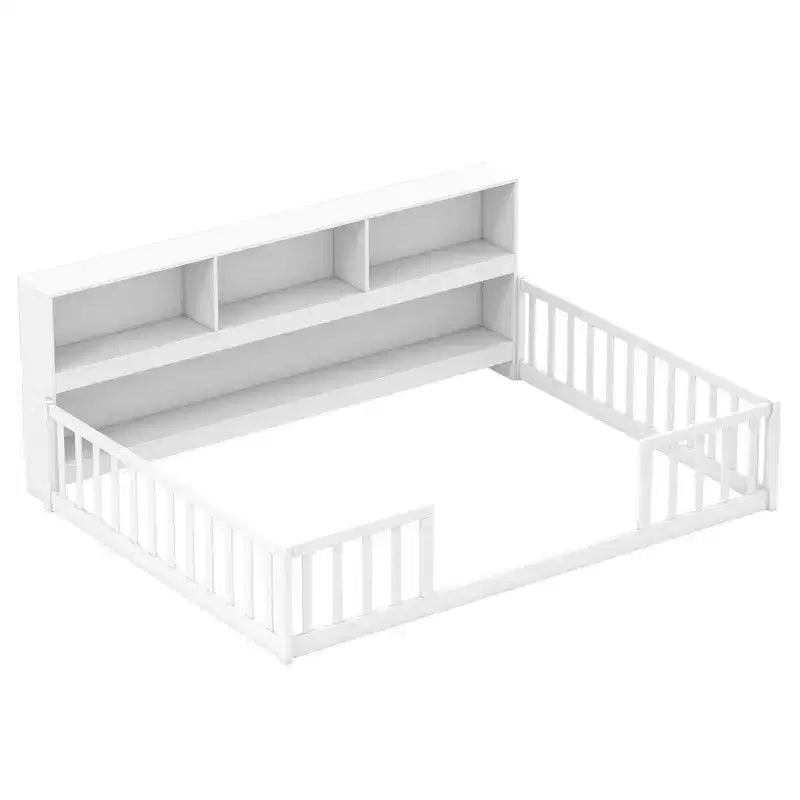 Letto a terra Montessori per materasso singolo/una piazza e mezza con libreria, ripiani e sponde di sicurezza bianco/grigio