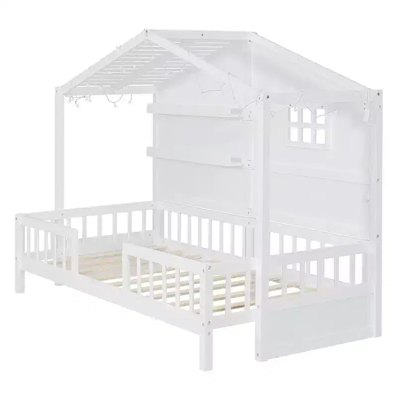Letto a capanna per bambini con scaffali e sponde, Struttura letto in legno stile Montessori per bambini con finestra e striscia luminosa scintillante
