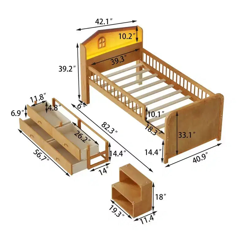 Letto a soppalco basso Whisen con luci a LED, testiera a forma di casetta e cassetti portaoggetti, struttura solida