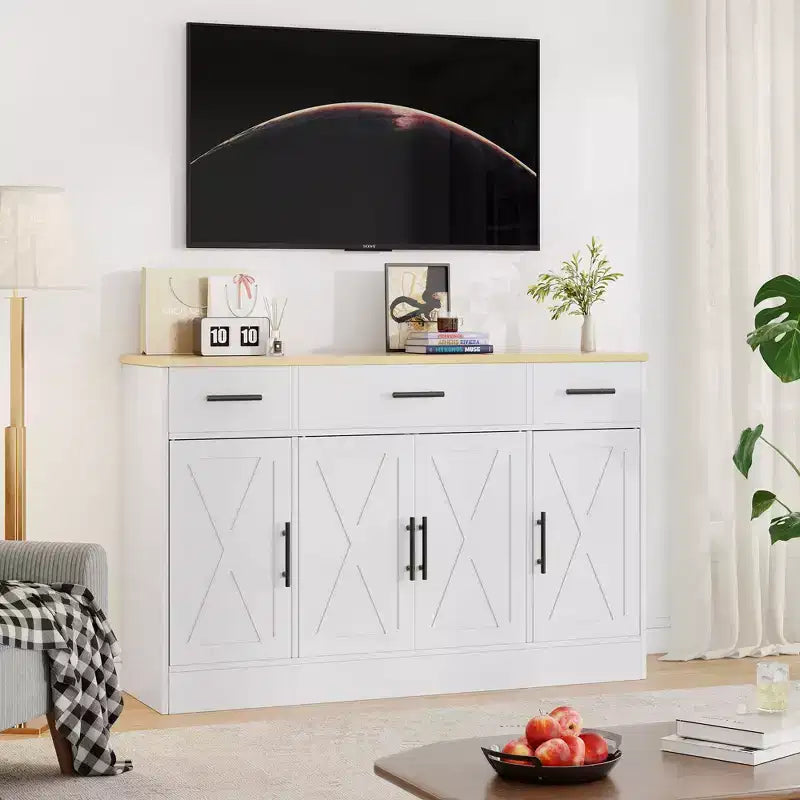 Mobile Buffet Celebalcony con Contenitore, Grande Mobile Contenitore da Cucina da 53,4 pollici con 3 Cassetti e 4 Ante, Ripiano Regolabile per Cucina, Soggiorno
