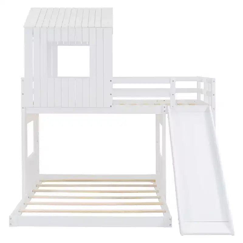 Letto a castello in legno Luxystar Twin Over Full con casetta da gioco, scivolo e sponde di protezione