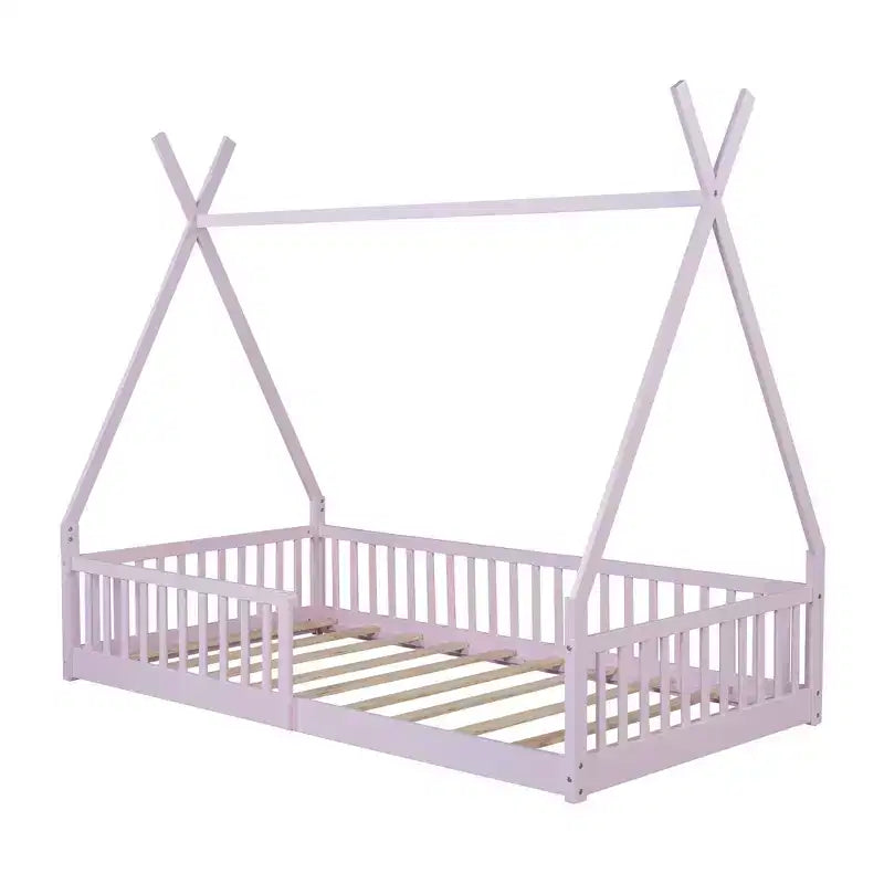 Letto a pavimento per bambini, letti a tenda a una piazza, letto a pavimento Montessori con doghe e sponde di protezione, struttura letto a casetta in legno per ragazzi e ragazze
