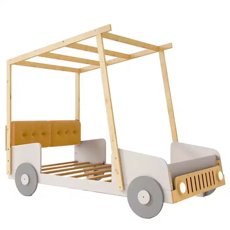 Letto a forma di Auto Whisen in Legno con Cuscino, Baldacchino in Tessuto e LED - Naturale