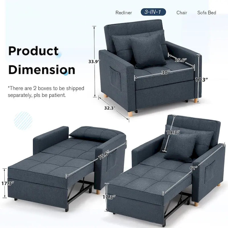 Poltrona letto trasformabile, 3 in 1, vari colori, per 1 persona
