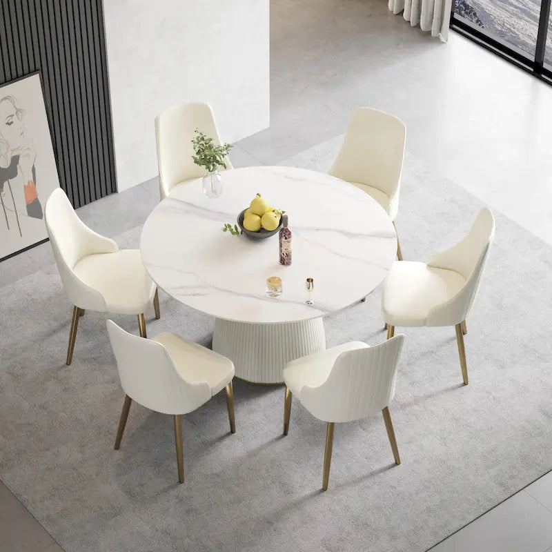 Tavolo da pranzo rotondo da 53" per 6 persone con piano in pietra sinterizzata e Lazy Susan