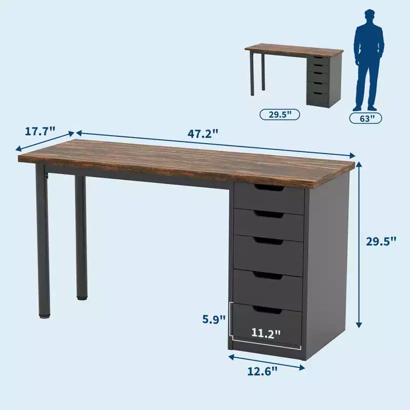Scrivania per computer da 47 pollici con 5 cassetti, tavolo da studio/scrittura moderno rustico reversibile, workstation per ufficio domestico per piccoli spazi
