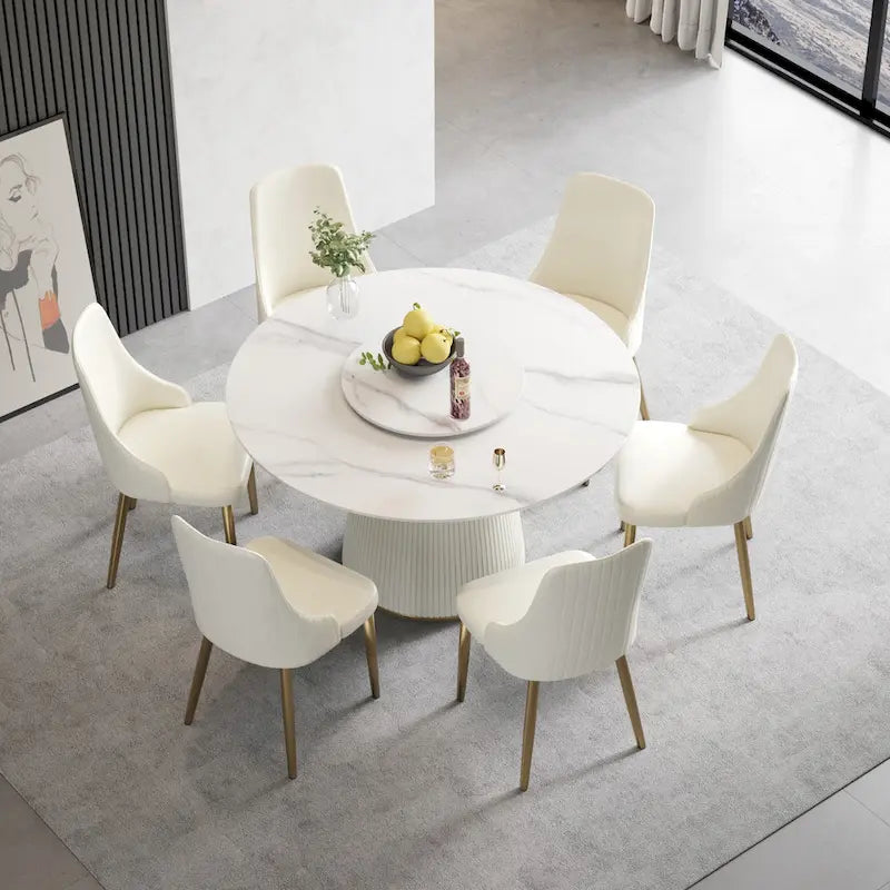 Tavolo da pranzo rotondo da 53" per 6 persone con piano in pietra sinterizzata e Lazy Susan