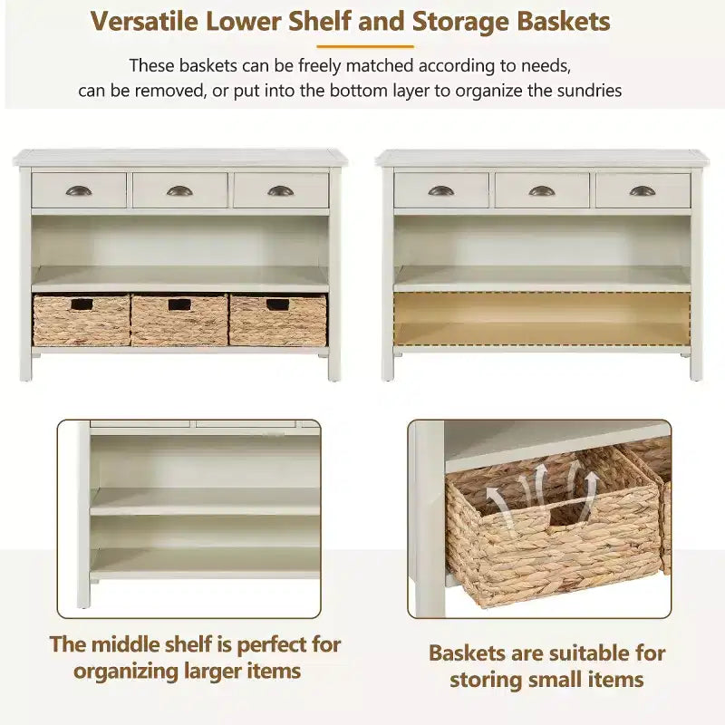 Consolle da Ingresso con Contenitore, Tavolo da Ingresso Stile Rustico con 3 Cassetti e 3 Cesti in Giacinto d'Acqua per Soggiorno o Ingresso - Panipeachy