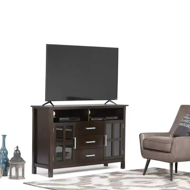 WyndenHall Waterloo Tall TV Stand for TVs up to 55" Hickory Brown: Mid-Century Modern with Storage, Pine Frame