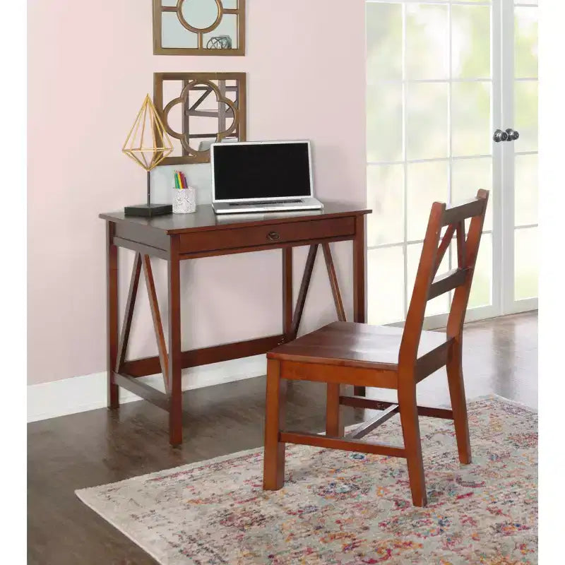 Solid Wood Office Chair - Antique Tobacco Finish, Pine Frame, Armless