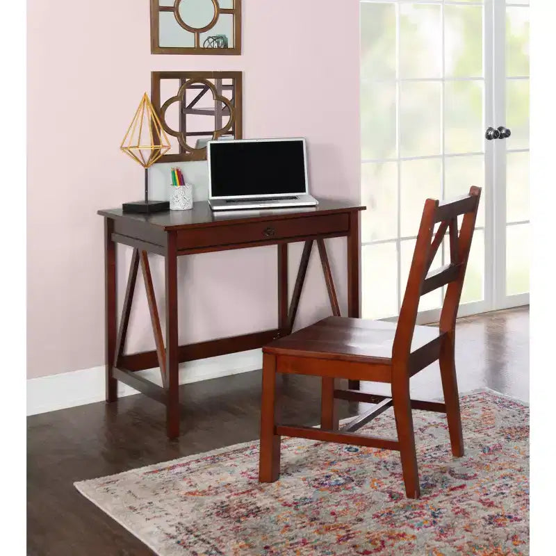Solid Wood Office Chair - Antique Tobacco Finish, Pine Frame, Armless