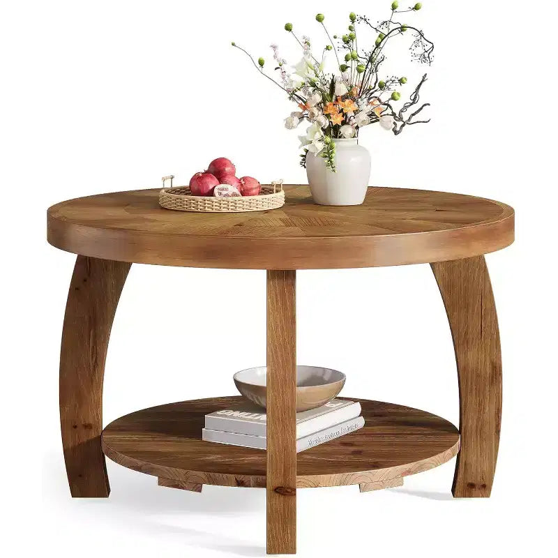 Lantine Tavolino rotondo in legno massello, tavolino a 2 ripiani con portaoggetti, piano da 80 cm con motivo a mosaico, facile da montare, per soggiorno, marrone