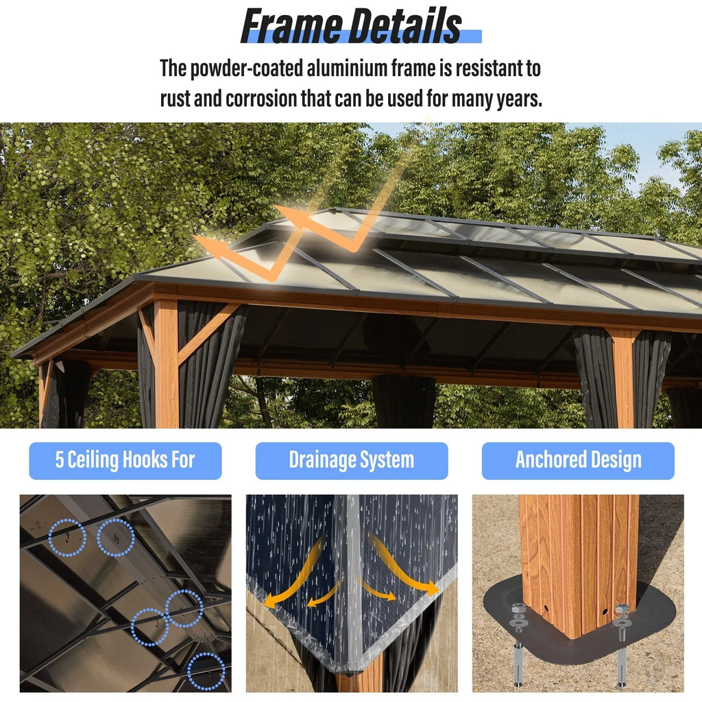 EROMMY Gazebo a tetto rigido, Pergola da esterno con doppio tetto, zanzariere e tende, Tenda da sole resistente per patio, cortile, feste in piscina