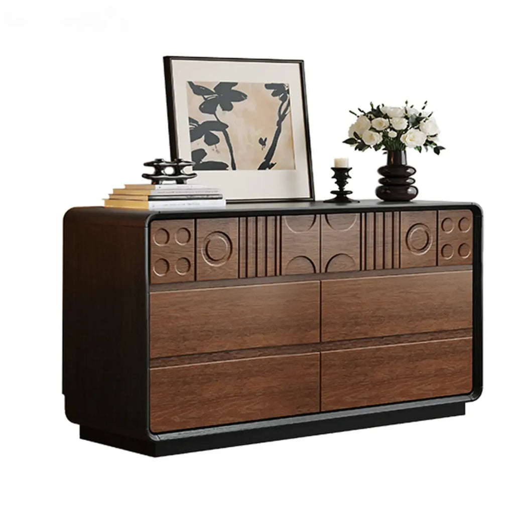 Cassettiera in legno ispirata all'Art Déco con intagli geometrici