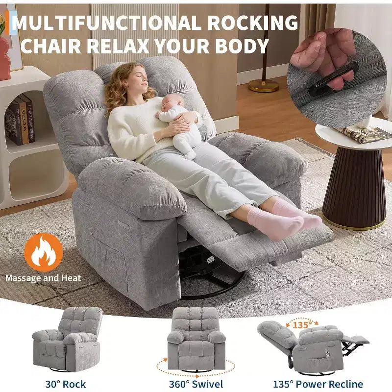 Poltrona Reclinabile Massaggiante con Calore - Girevole a 360°, Dondolo, Divano Singolo Oversize con Vibrazione, USB e Tasche Contenitore per Soggiorno/Camera da Letto