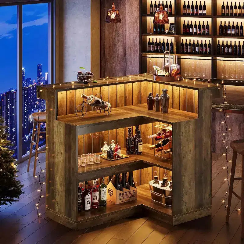 Mobile bar a L Lantine, tavolo da bar angolare a 4 ripiani con mensole e porta calici da vino per pub domestico