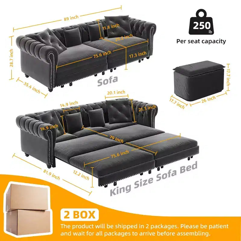 Divano Letto Estraibile 3-in-1 King Size in Velluto Whisen e Divano Letto Convertibile con Ottomana Mobile, Design Trapuntato