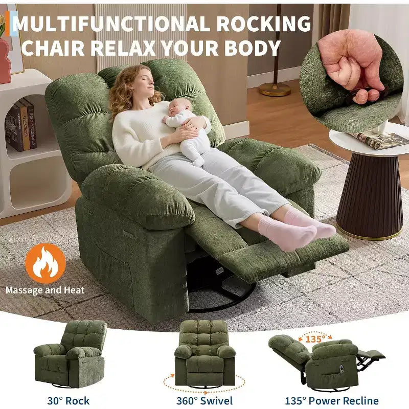 Poltrona Reclinabile Massaggiante con Calore - Girevole a 360°, Dondolo, Divano Singolo Oversize con Vibrazione, USB e Tasche Contenitore per Soggiorno/Camera da Letto