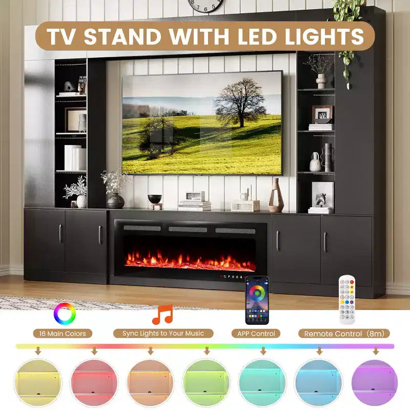Meuble TV mural EROMMY 112L avec cheminée et lumières LED