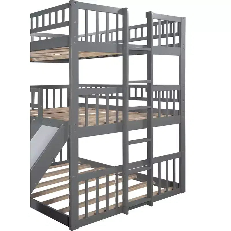 Letto a Castello Triplo Full Over Full con Scaletta Convertibile e Scivolo, Letto Triplo con Sponde di Protezione, Bianco/Grigio/Espresso - ModernLuxe