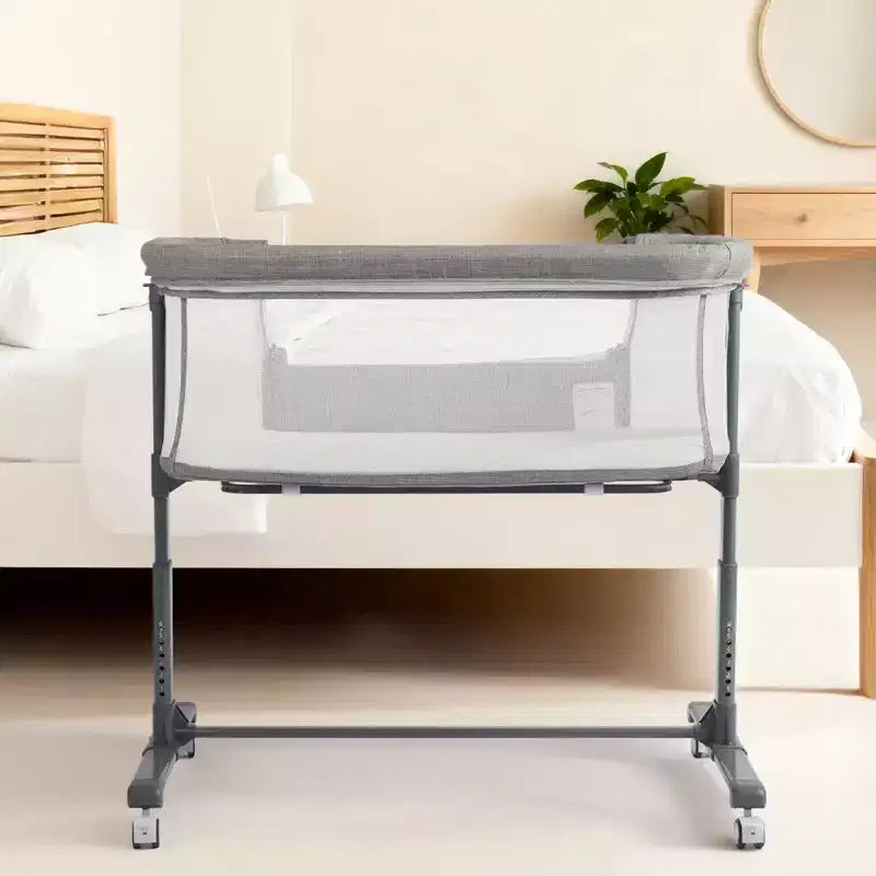 Culla Neonato con Ruote – Beige / Grigio / Rosa, Culla Fianco Letto, per 1 Neonato