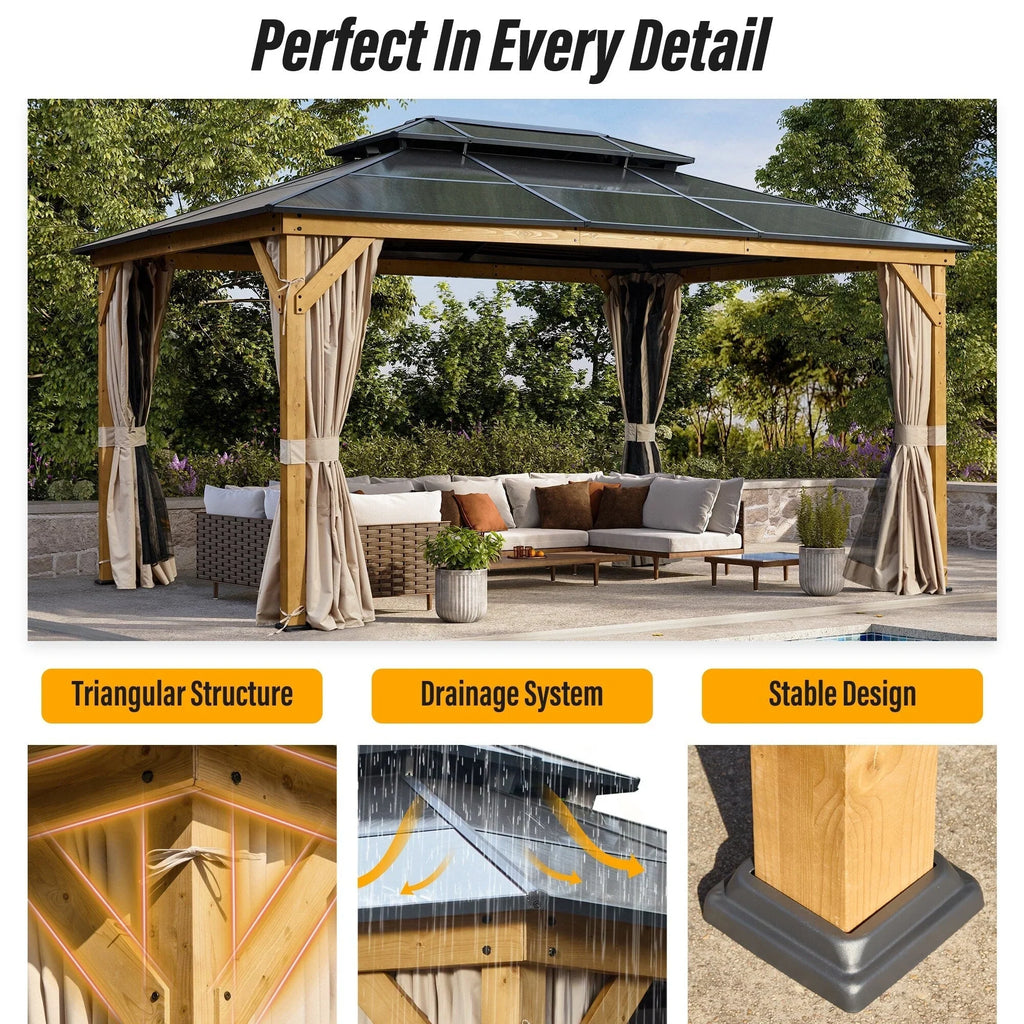 EROMMY Gazebo a tetto rigido, Pergola da esterno con doppio tetto, zanzariere e tende, Tenda da sole resistente per patio, cortile, feste in piscina