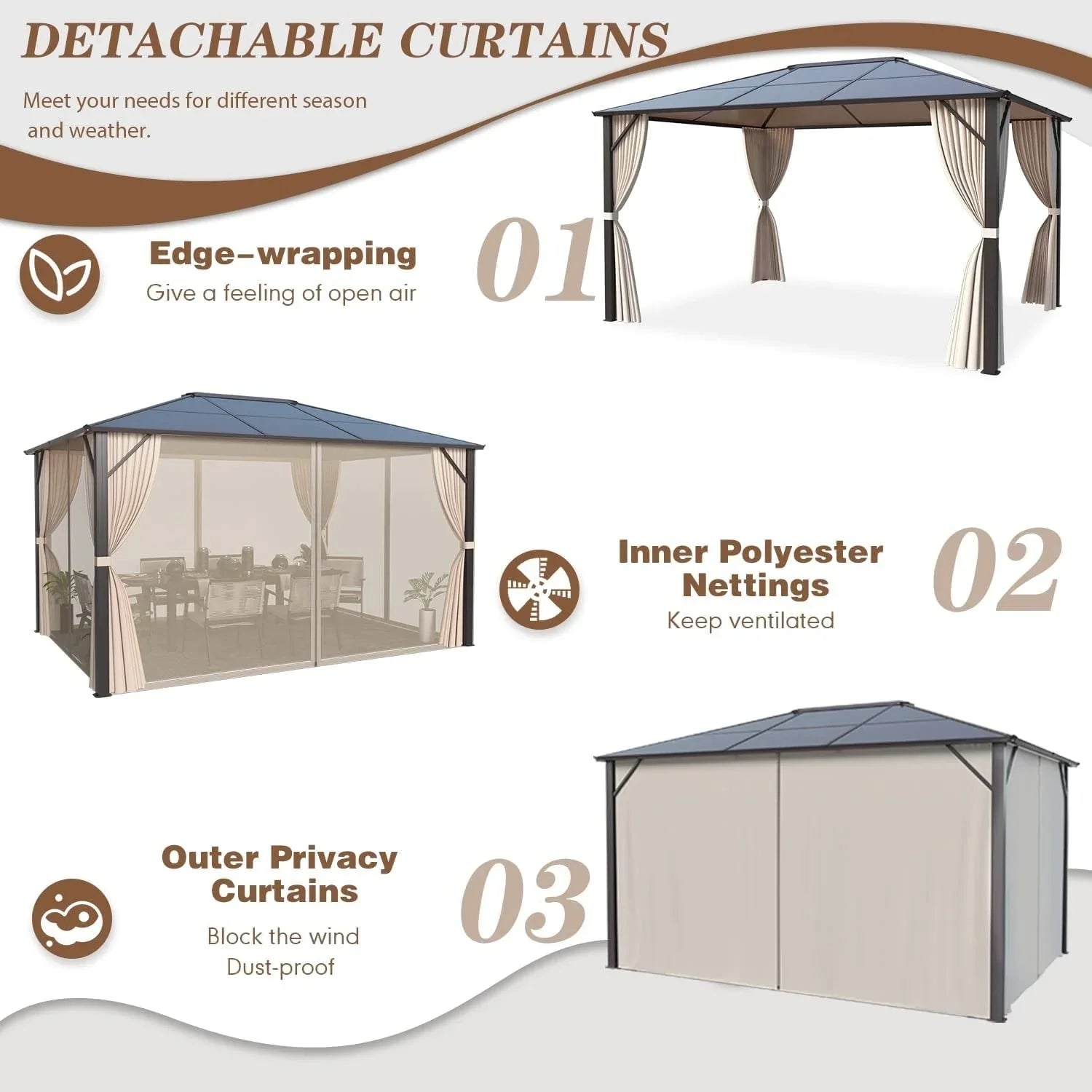 EROMMY Gazebo a tetto rigido, Pergola da esterno con doppio tetto, zanzariere e tende, Tenda da sole resistente per patio, cortile, feste in piscina