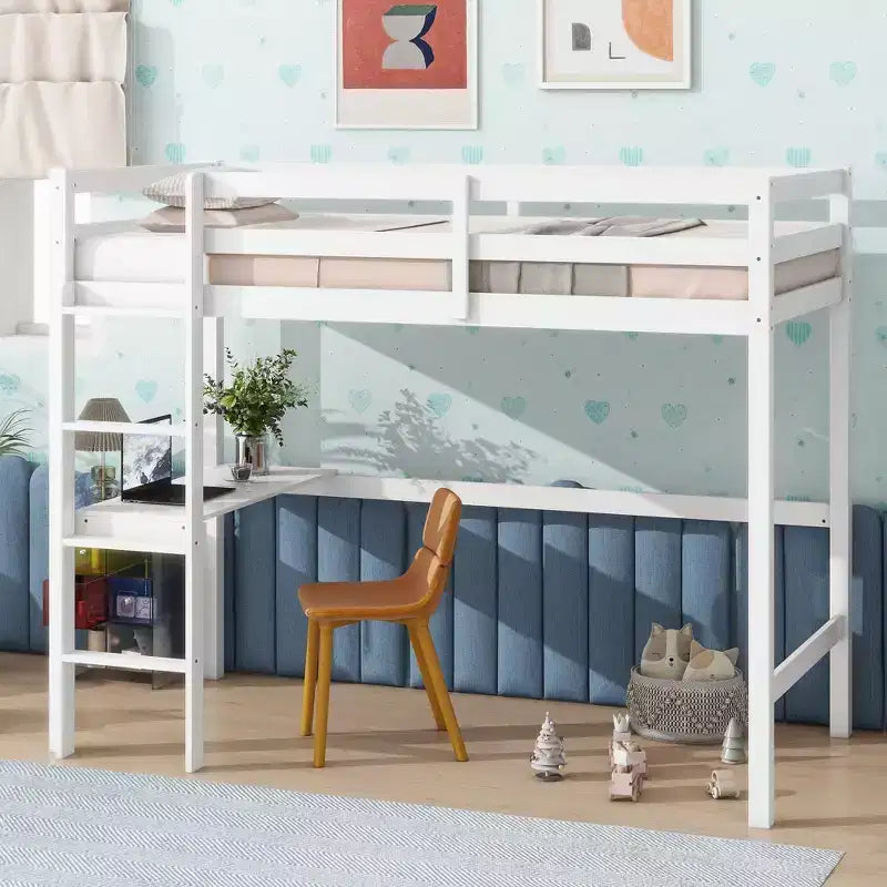 Letto a soppalco Okak Minimalism con scaletta, letto a soppalco singolo in legno di gomma con spondina di sicurezza e scrivania integrata, telai per letti per bambini, ragazzi