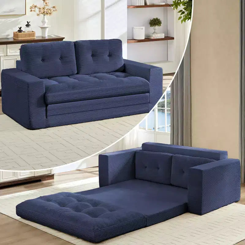 Mjkone Canapé-Lit Futon Convertible 2-en-1 180 cm, Canapé Deux Places Pliable en Tissu Côtelé avec Boutons Touffetés, Idéal pour Petits Espaces