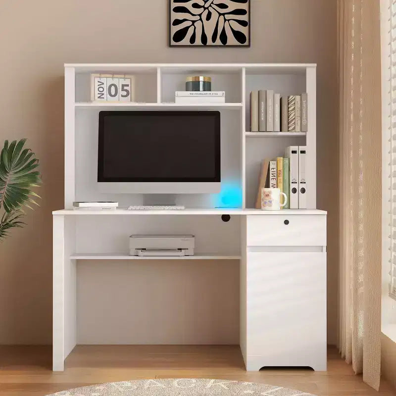 Scrivania moderna da 130 cm con libreria e scaffali, scrivania da ufficio con ampio spazio di archiviazione, scrivania per studio, sala lettura