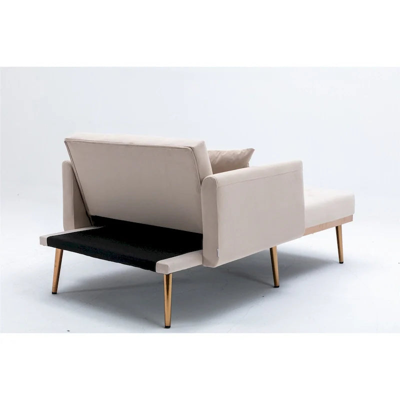 Divano letto-poltrona in velluto trapuntato con piedini color oro rosa per salotto