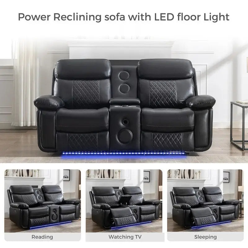 Divano reclinabile elettrico con caricabatterie wireless, luce di lettura, luce LED per soggiorno, similpelle, porta AC/USB, portabicchieri, nero