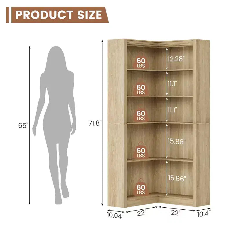 Libreria angolare a 5 ripiani a forma di L, in stile retrò, Bianco/Nero/Legno, singola