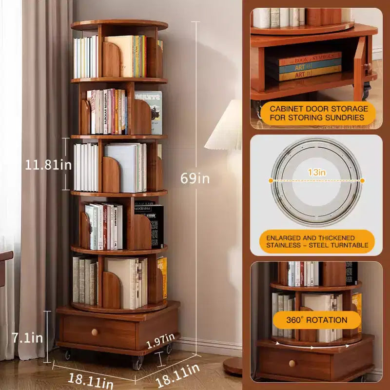 Chic Crate Libreria ad angolo girevole a 360° a 6 livelli con ruote, libreria stretta per piccoli spazi, marrone noce