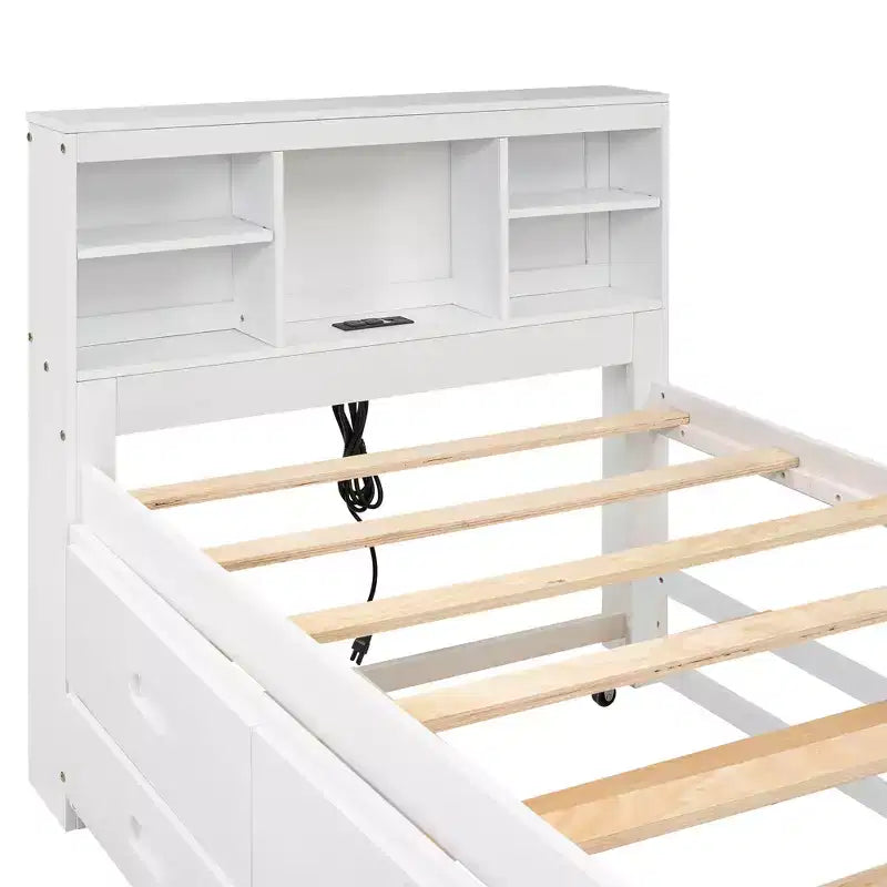 Letto a piattaforma con letto estraibile e cassetti, Letto a piattaforma contenitore con USB, Letto a piattaforma in legno con libreria