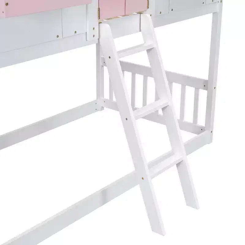 Letto a soppalco a forma di casetta con scaletta e spondine per bambini, in legno, misura singola