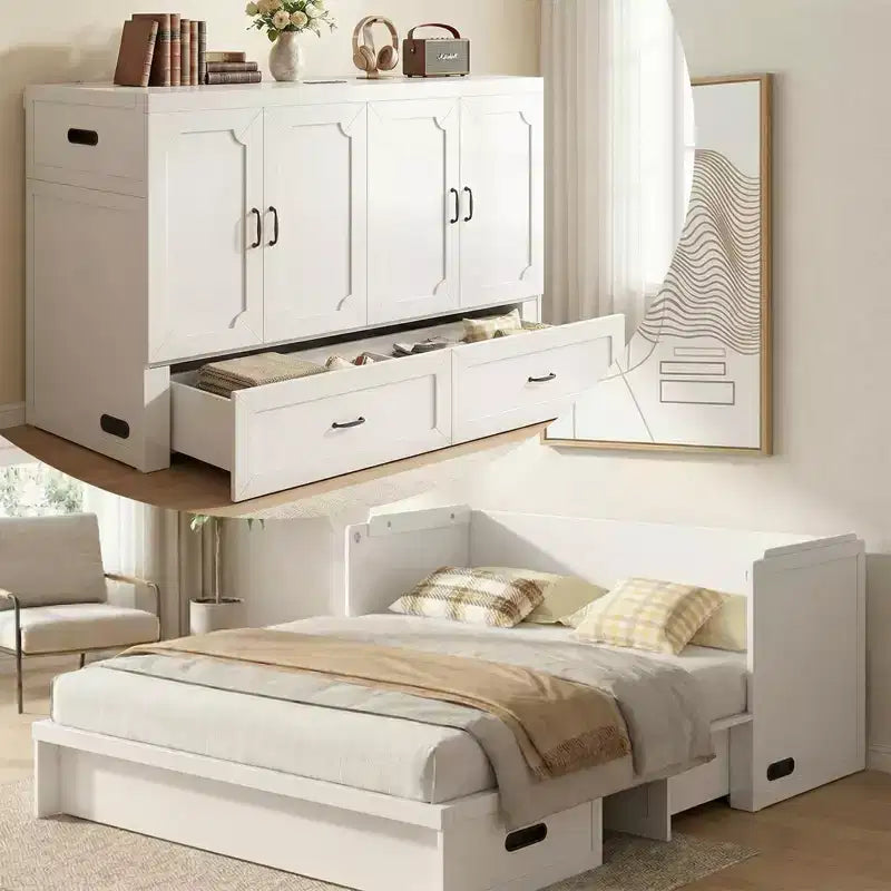 Letto a scomparsa matrimoniale Mjkone con materasso, ricarica USB, cassetti portaoggetti