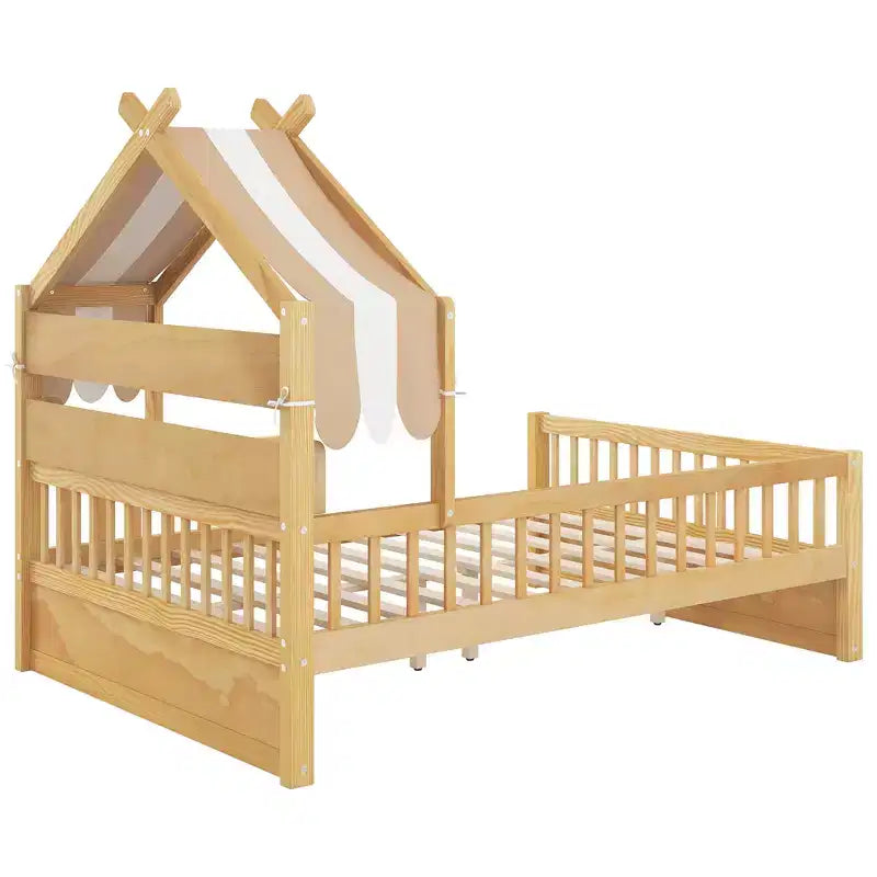 Letto a Capanna ModernLuxe per Bambini, Misura Singola/Piazza e Mezza, in Legno con Testiera Contenitore, Struttura in Pino Massiccio con Sponde di Protezione