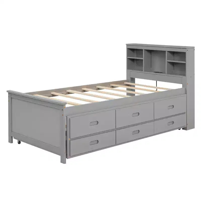 Letto a piattaforma con letto estraibile e cassetti, Letto a piattaforma contenitore con USB, Letto a piattaforma in legno con libreria