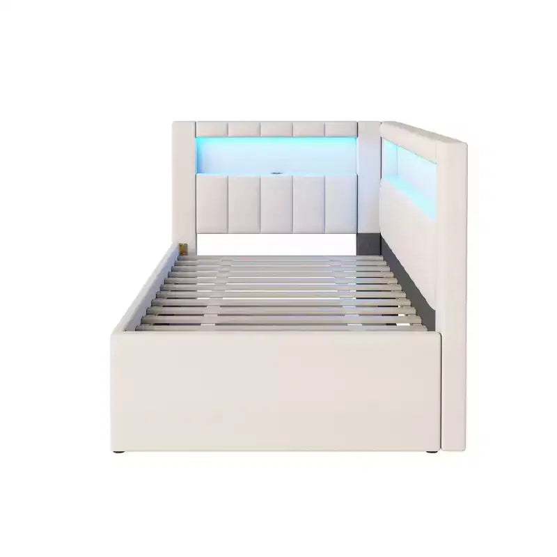 Letto da Giorno Twin/Full con Letto Estraibile e Testiera a Libreria a L, Letto Angolare Imbottito in Lino con Ripiani Portaoggetti e Cinghia a LED